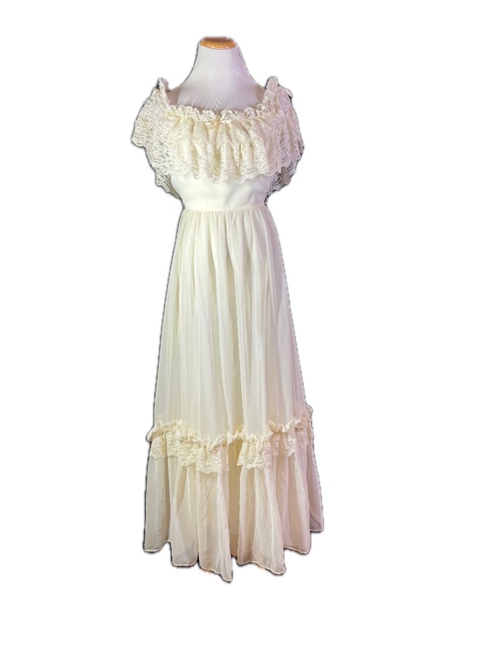 Vintage 1970s Lorrie Deb Size 3 / 4 Cream Frilly Maxi Dress Lace *Flaws
